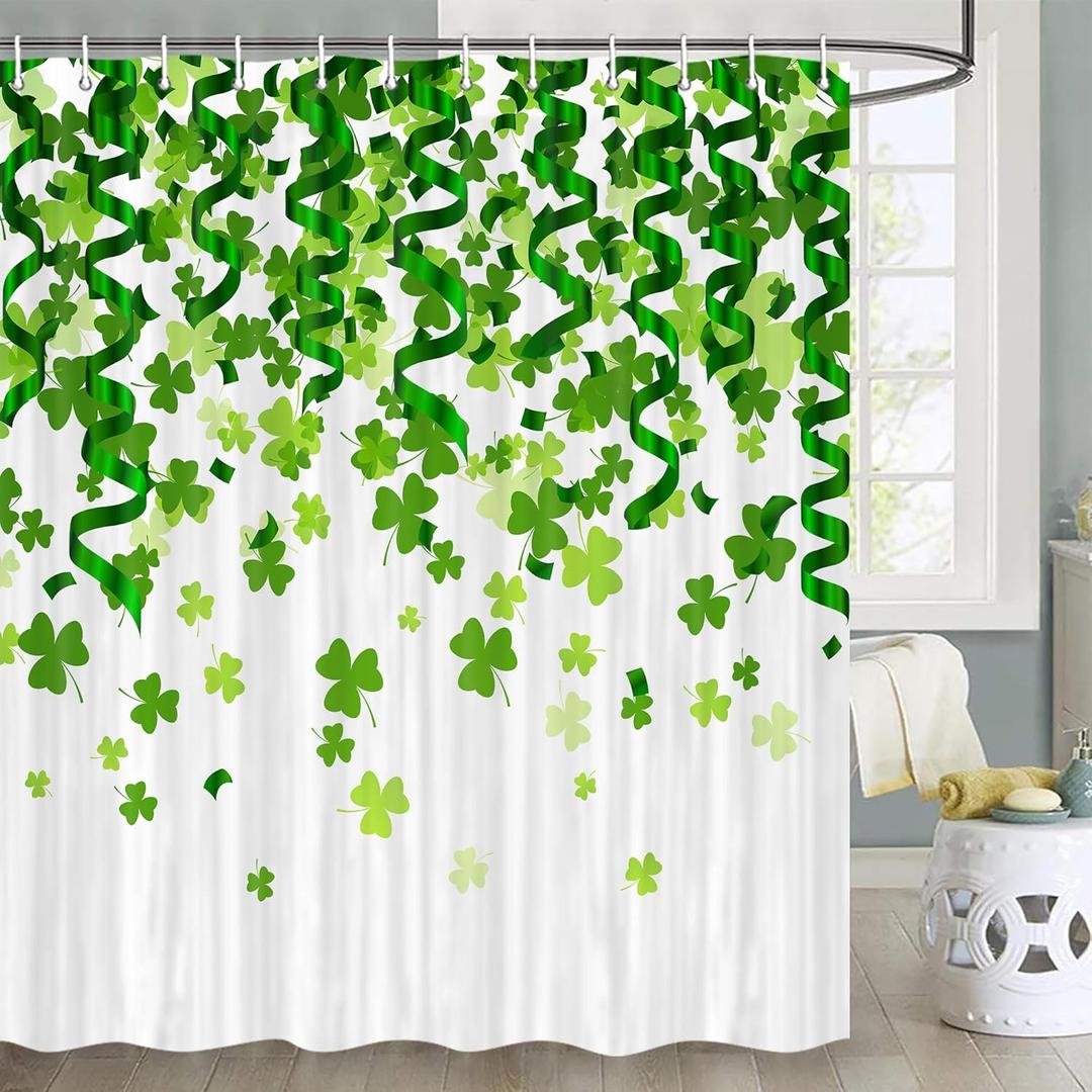 JAWO St Patricks Day Shower Curtain, Green Clover Shamrock Shower Curtain Irish Shamrock Bathroom Set, Spring Shower Curtain Set with Hooks, 70X70 in (72"W x 72"L (Pack of 1), Multi3)