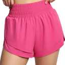 THE GYM PEOPLE Women's High Waisted Running Shorts Mesh Liner Gym Shorts | High waist, Quick dry, Zip pocket and hidden pockets, Mesh liner, for running, gym and daily wear (Pink, XL)