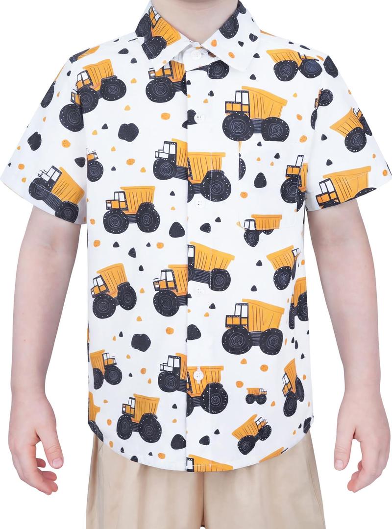 Boys Button Down Shirts Dress Short Sleeve Kids Collared Excavator 3-4T (White)