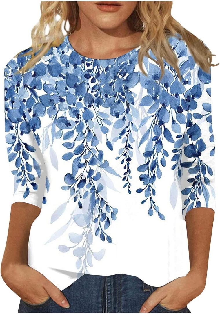 3/4 Length Sleeve Womens Tops - Crew Neck Casual Shirts - Three Quarter Sleeve Petite Tee (Small, 19-navy)