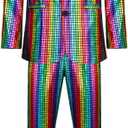 Mens 2 Pieces Disco Costume Jacket Pants Outfit Set Adult 70s Shiny Metallic Sequin Halloween Cosplay Party Suit (Small, Rainbow)