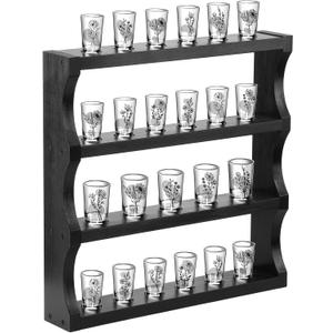 DoubleFill Wood Shot Glass Display Case Shot Glasses Holder Wall Floating Shelves Bar Collection Stand Collection Display Rack (Black)