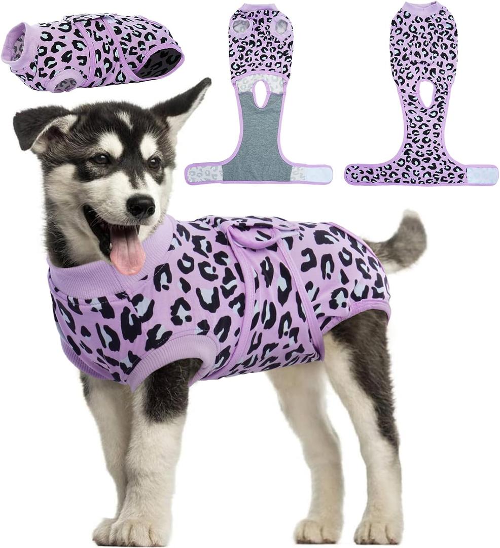 Kuoser Dog Recovery Suit for Dogs After Surgery,Professional Surgical Onesie for Female Male Dogs Spay Neuter,Soft Dog Surgery Suit Bodysuit for Abdominal Wounds Skin Disease,Purple Leopard XS (X-Small (Back: 8.3" - 11.4"; Weight: 4 - 7LB))