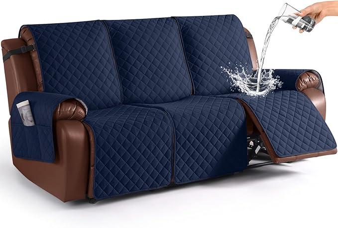 KinCam Waterproof Recliner Sofa Cover, NonSlip Reclining Couch Covers for 3 Seat, Recliner Couch Cover Furniture Protector with Elastic Straps for Pets, Kids, Blue, 30"D x 93"W x 38"H