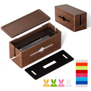 Extra Large Cable Management Box Brown Double Layer Wooden Cord Organizer with Divider for Desk, TV Stand, Kitchen, and Office NO Power Strips or Chargers