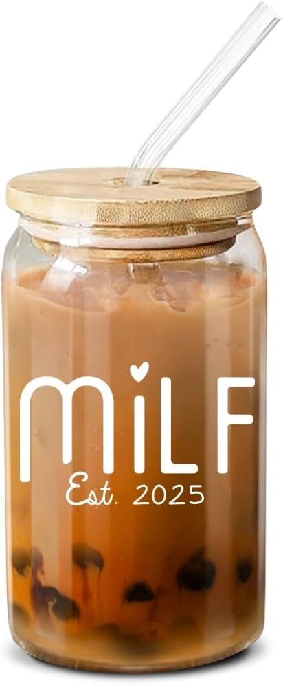 NewEleven Gifts For Mom, New Mom  2025 Pregnancy Gifts For First Time Mother, Pregnant, Expecting Mama, Mother To Be, Mama, Mommy To Be - 16 Oz Coffee Glass (Milf est 2025 White)