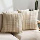 Boho Throw Pillow Covers 18x18 Inch Set of 2 Striped Chenille Farmhouse Decorative Cushion Covers for Sofa Couch Bed Living Room Farmhouse Decor (Beige, 18" x 18" (Pack of 2)) (18" x 18" (Pack of 2), Beige)