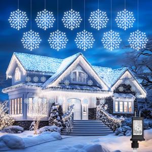 Christmas Snowflake Lights Outdoor - Plug-in 23.6ft 10 Drops 480LED Snowflake Window Lights, Connectable for Indoor Outdoor Porch Eaves Rooftops Pergola Canopy Christmas Decor (White)