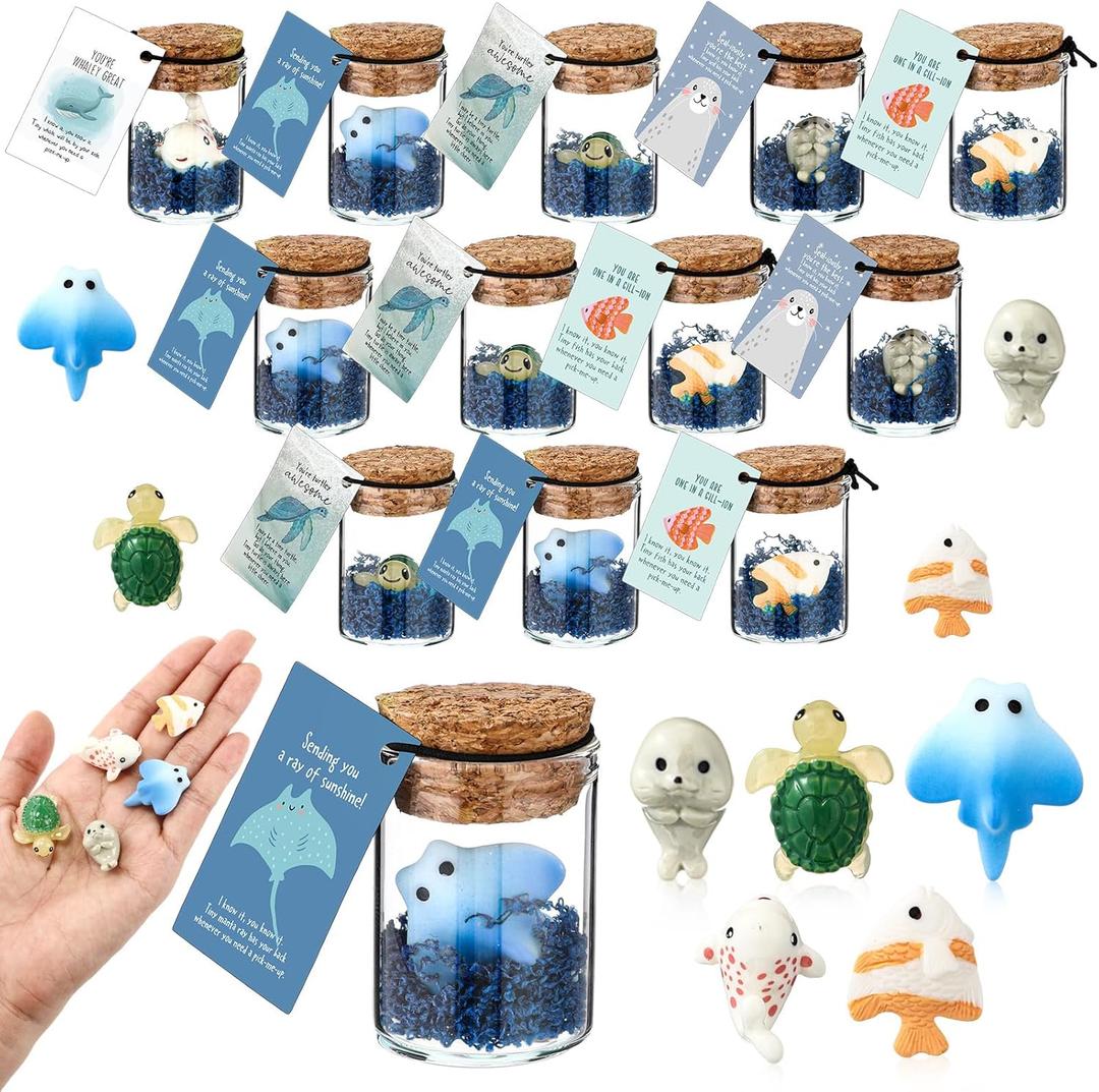 Fumete 35 Set Employee Appreciation Gifts Bulk for Coworkers Staff Team Desk Positive Resin Valentines Animal Pun Note Cards Small Thank You Gifts for Teachers Students Volunteer (Sea)