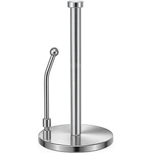 SMARTAKE Paper Towel Holder, Paper Towel Dispenser Standing Weighted Base Non Slip, Spring Arm for Easy Tear, Stainless Steel Paper Towel Holder for Home Kitchen Countertop Tabletop, Silver