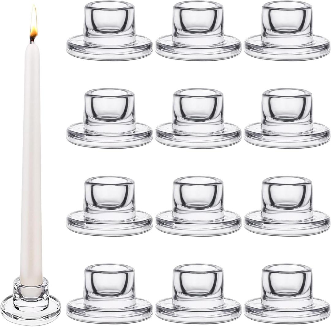 12 PCS Glass Taper Candle Holders Bulk Candlestick Holders Clear Short Tapered Candle Stick Holder Decor Set for Table Centerpiece Wedding Party Advent Christmas Home Decorations (12, Clear)
