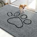 OLANLY Dog Door Mat for Muddy Paws 48x30, Paw Print Design, Absorbs Moisture and Dirt, Absorbent Non-Slip Washable Doormat, Quick Dry Chenille Mud Mat for Dogs, Entry Indoor Entryway Carpet, Grey