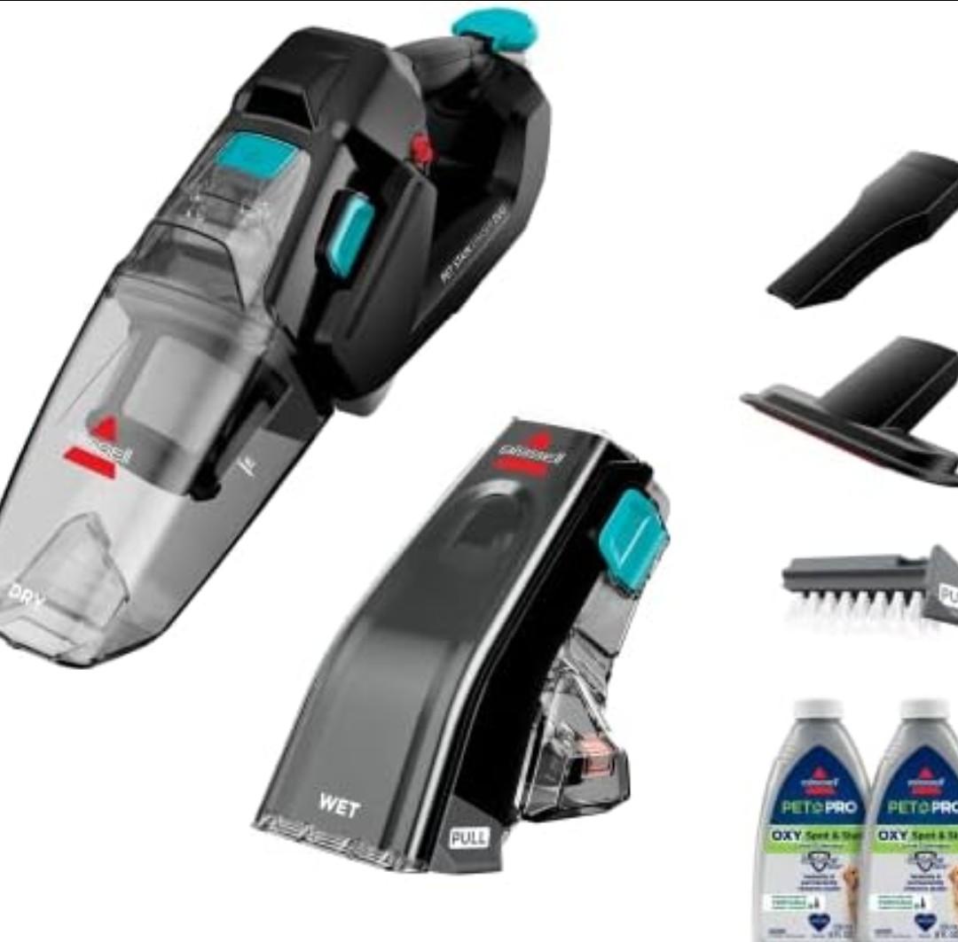 BISSELL Stain Eraser Duo, 2-in-1 Cordless Portable Deep Cleaner and Hand Vacuum with PET PRO OXY Spot & Stain Formula, 3705, Black
