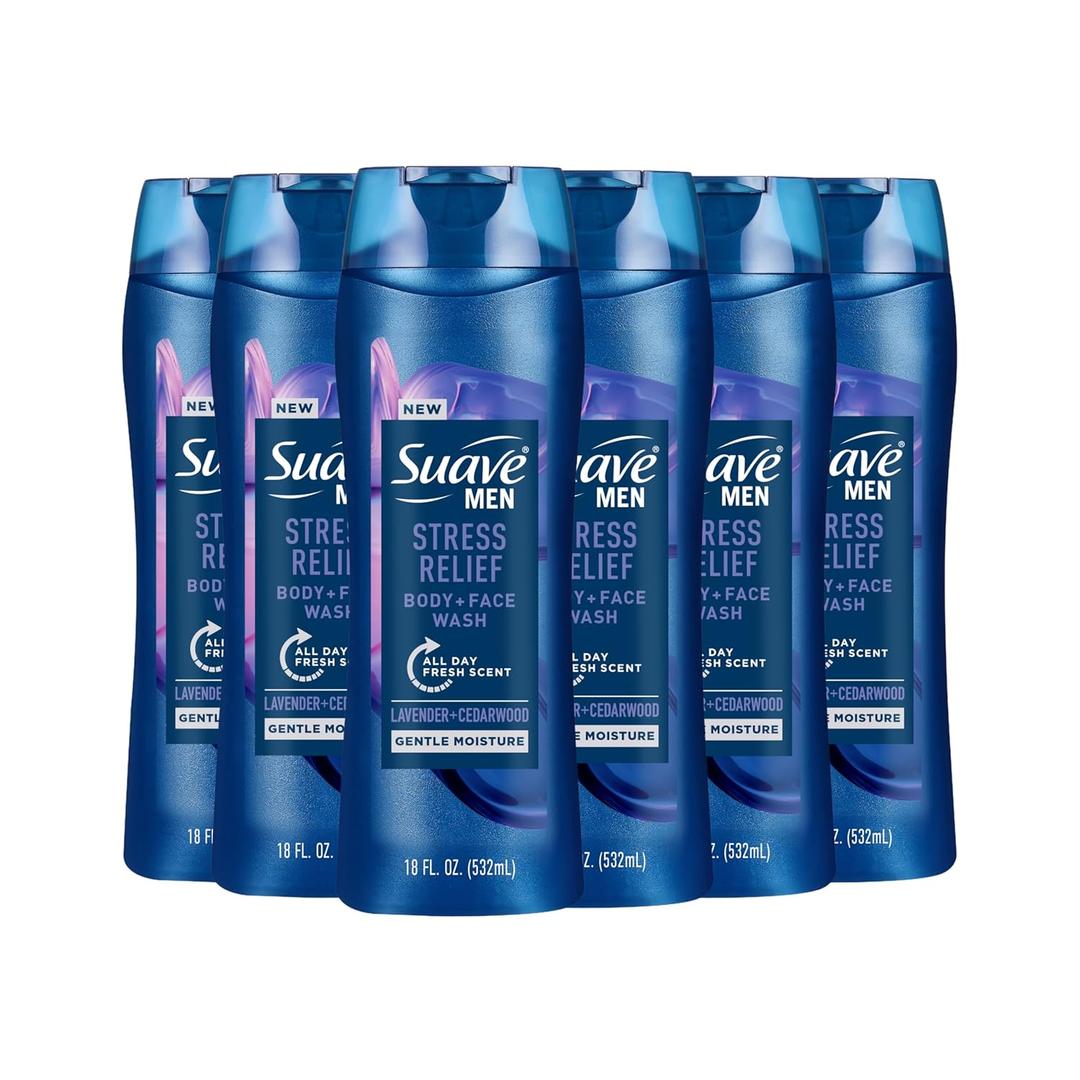 Suave Mens Stress Relief Body + Face Wash, Gentle Moisture with Lavender & Cedarwood All Day Fresh Scent, 18 oz, 6 Pack