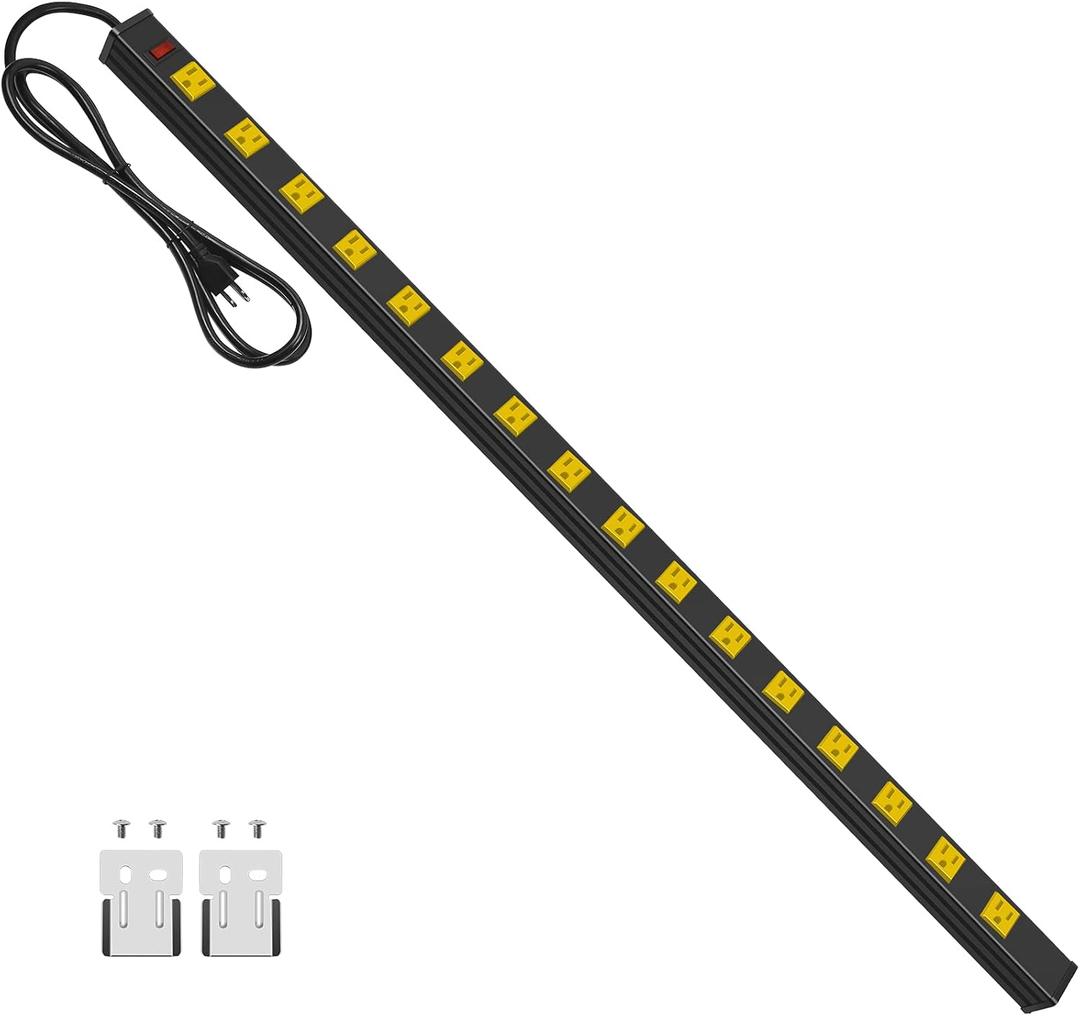 JUNNUJ Long Metal 16 Outlet Wide Spaced Garage Industrial Heavy Duty Power Strip with 6 FT Cord 15A, 125V, 1875W. Yellow