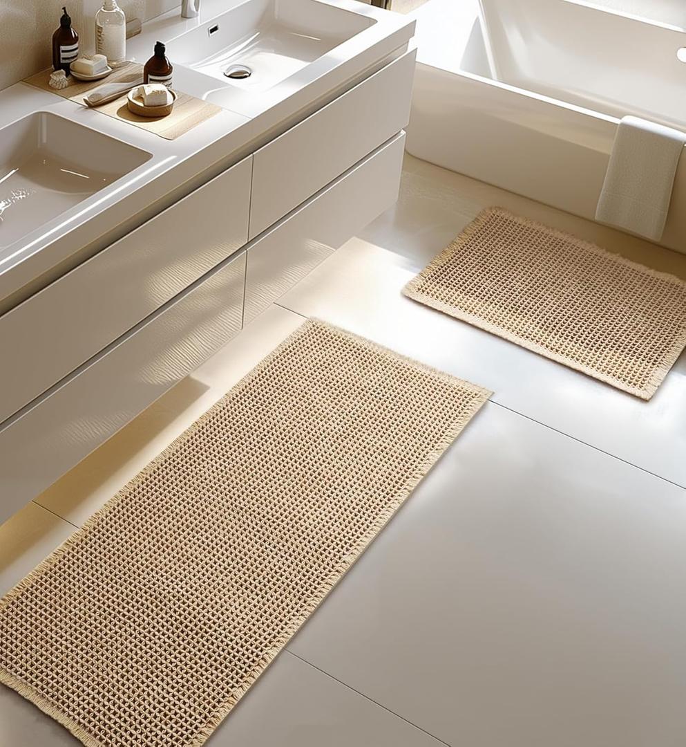 Large Waffle Bath Mat Set, Non Slip Bath Rug Set, Ultra Absorbent Bath Mats for Bathroom Decor, Extra Soft Floor Bathroom Rugs Sets 2 Piece, Washable Bath Runner Rug, Brown, 20"47" & 16"24"