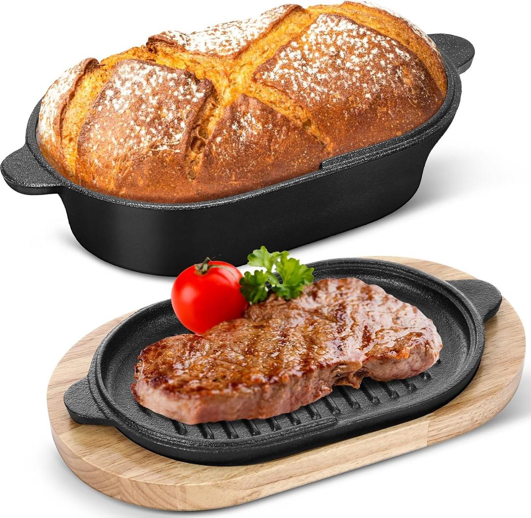 Cast Iron Bread Loaf Pan Set with Lid 2 in 1 Pre Seasoned Cast Iron Dutch Oven Pot Bread Cooking Pan with Dual Handles and Wooden Plate for Homemade Frying Sourdough Baking(Black)