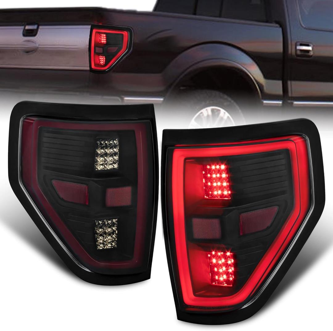 KUIPERAUTO Taillight Assembly Compatible for 2009 2010 2011 2012 2013 2014 Ford F150 F-150 Tail lights Rear lamp with Red Running Light Smoke Lens Black Housing 2PCS