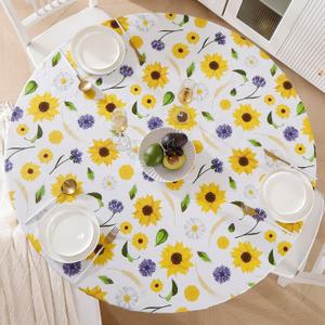Round Vinyl Fitted Tablecloth with Flannel Backing Elastic Edge Design Table Cover Waterproof Oil-Proof PVC Table Cloth Stain-Resistant Best for 37"-44" Round (Yellow Flower)
