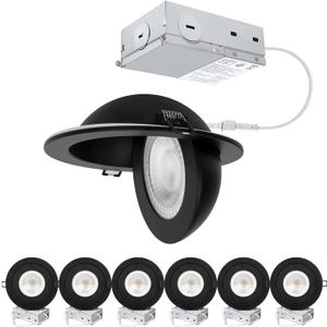 POPANU Recessed Lighting 6 inch - 12W Gimbal Light Eyeball Sloped Ceiling Recessed Spotlight 1300lm Black Trim 90 Tilt Swivel Soffit Wafer Lights 5CCT Adjustable Indoor Dimmable Black 6 inch 6 Pack