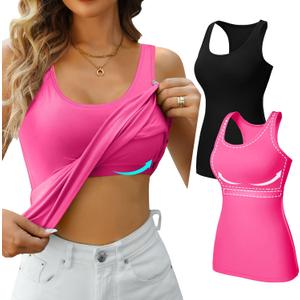 V FOR CITY Womens Shelf Bra Tank Tops Racerback Workout Camis Yoga Shirt Cotton Undershirt 2 Pack (Medium, Black/Hot Pink)