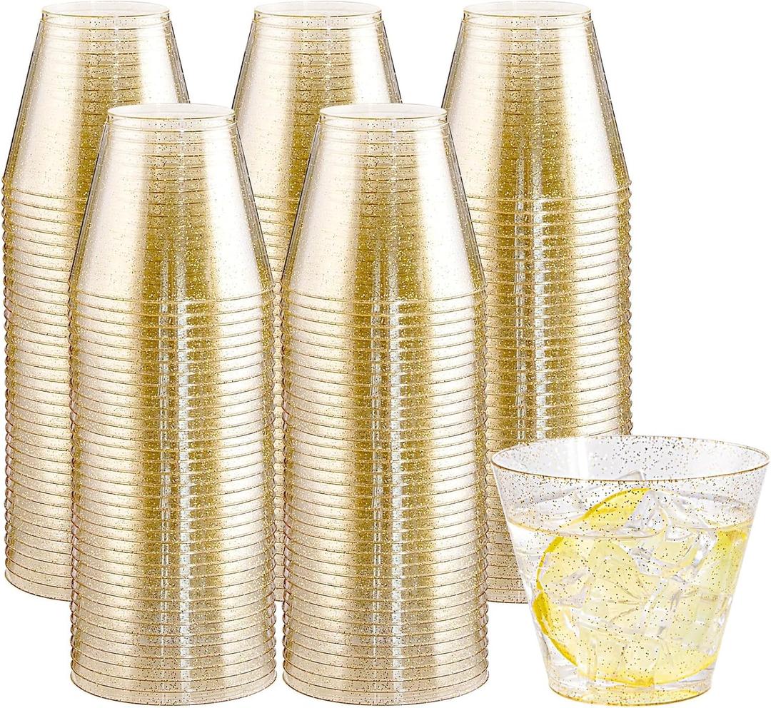 Hioasis 100Pcs 9OZ Gold Glitter Plastic Cups - Gold Plastic Cups, Heavy Duty & BPA-free for Party, Wedding, Celebrations