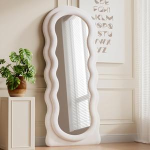 Full Length Mirror, 63" x 24"Irregular Wavy Mirror, Large Floor Length Mirrors Wall Mounted, Standing Wavy Mirrors with Flannel Wrapped Wooden Frame for Bedroom/Living Room, White