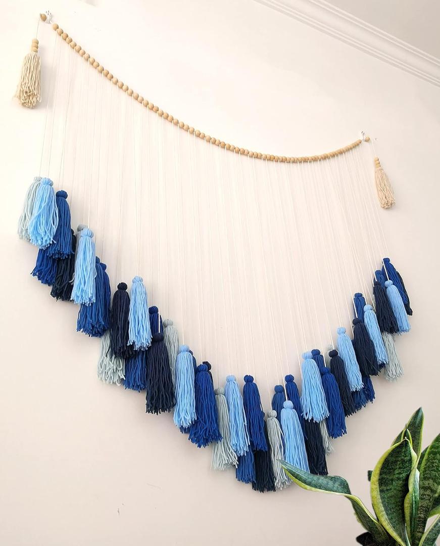 LVOPO Large Macrame Wall Hanging, Boho Wall Decor with Wood Beads, Bohemian Woven Wall Tapestry, Room Colorful Tassels Wall Art - Blue - 48" W x 36" H