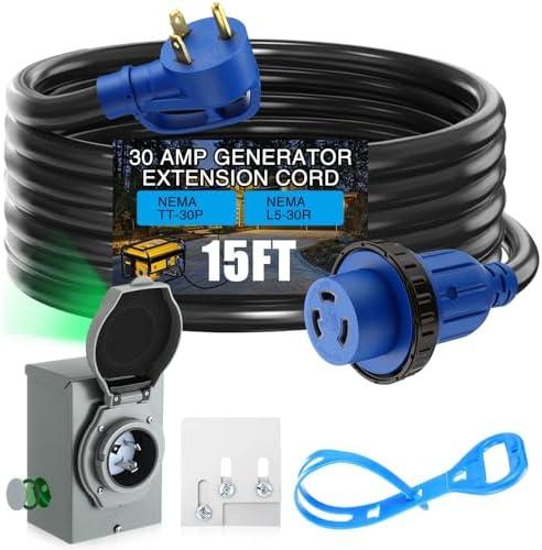 Xuhal 15 FT 30 Amp Generator RV Extension Cord and Pre-Drilled Power Inlet Box 3 Prong Compatible with NEMA TT-30P/L5-30R 125V/250V Cord with Generator Interlock Kit to House STW 10 Awg, Etl Listed