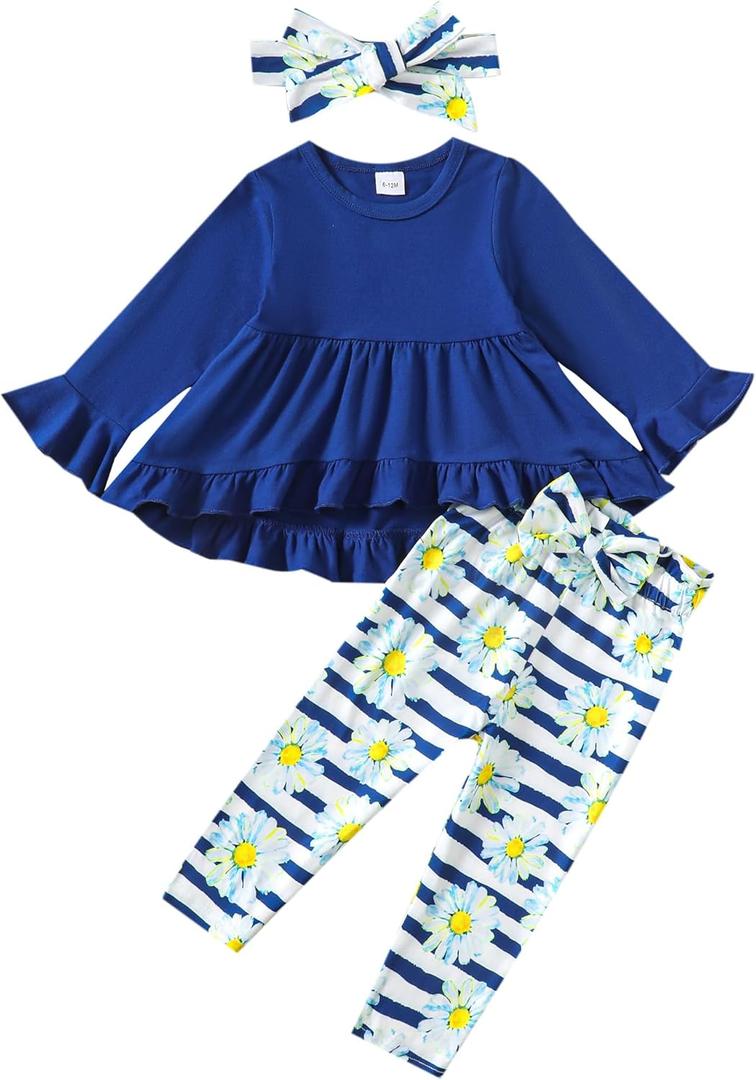 Kucnuzki Baby Girl Clothes Toddler Girl Outfit Ruffle Sleeve Shirt Floral Pant Set Fall Winter Clothing for Girl (Blue)