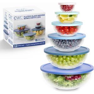 COOK WITH COLOR 12 Pc Glass Mixing Bowl Set with Lids  Borosilicate Glass Nesting Bowls for Cooking, Baking and Meal Prep, Fluted Blue
