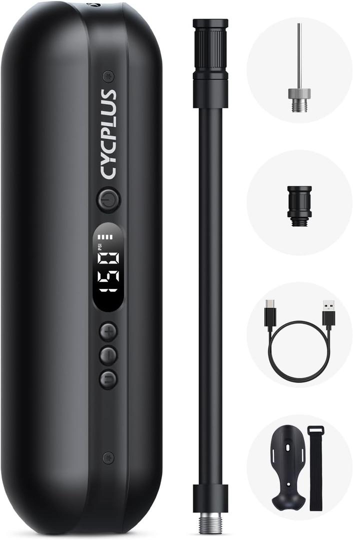 CYCPLUS Electric Air Compressor Portable Bicycle Pump Car Tire Inflator, Max 150 PSI, Auto Shut-Off Air Pump with Presta and Schrader Valves for All Bicycles Motorcycles and Cars (Black)