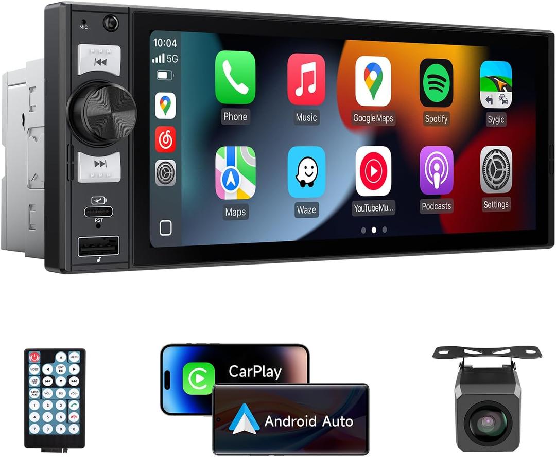 Single Din Car Stereo 6" Wireless CarPlay & Android Auto in-Cell Touchscreen,Bluetooth,FM/AM Car Radio,Mirror Link,SWC,EQ,USB&Type-C,GPS Navigation,Backup Camera
