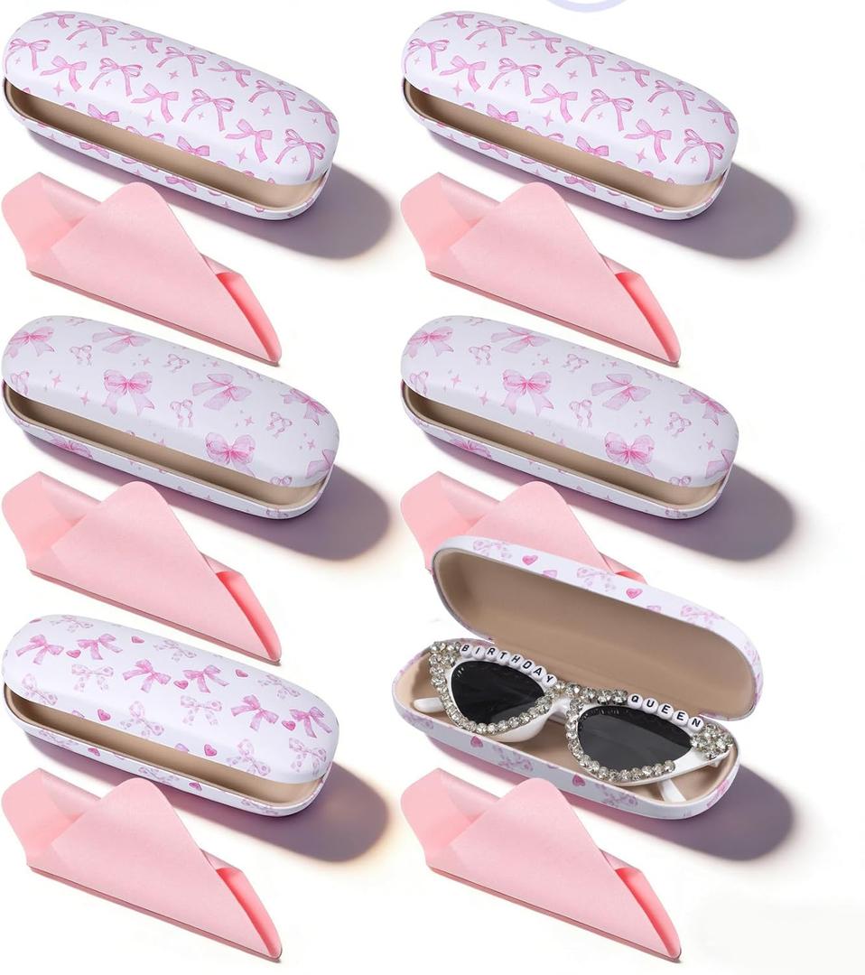 6 PCS Pink Glasses Case, Bow Cute Glasses Cases Hard Shell Bulk with Cleaning Cloth PU Leather Coquettish Eyeglass Cases for Studying, Working, Traveling-6.32.4 Inch, 3 Styles