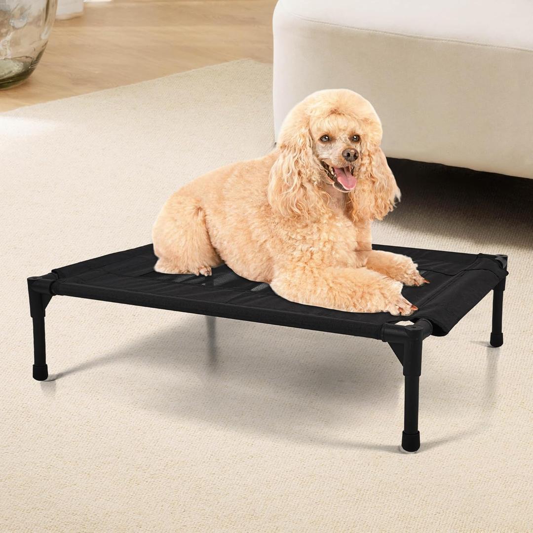 Raised Dog Bed Cooling Cot for Indoor Outdoor Use Portable Waterproof Mesh Pet Bed Washable for Large Medium Small Dogs, Black