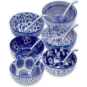 Japanese Ceramic Bowls Set of 6, 28 Oz Large Asian Porcalain Ramen Soup Salad Cereal Noodle Bowl with 6 Spoons, Deep Bowl for Kitchen Decor and Housewarming Gift, Dishwasher & Microwave Safe