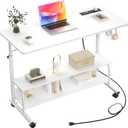 Height Adjustable Standing Desk with Power Outlets, 39" Manual Stand Up Desk with Storage Shelves Small Mobile Rolling Computer Desk Portable Laptop Table with Wheels for Home Office, White