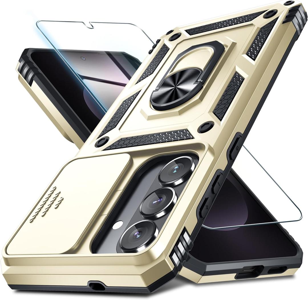 Janmitta Compatible with Samsung Galaxy S26 Case Built in Slide Camera Lens Cover+Screen Protector+Finger Ring Holder Kickstand,Heavy Duty Shockproof Full Body Phone Cover,2026 Gold