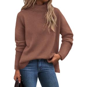 TIYOMI Plus Size Turtleneck Sweater for Women 2X Brown Mock Neck Tops Knit Nutmeg Sweater Long Sleeve Fall Winter Loose Fit Base Layer Shirts, 2XL