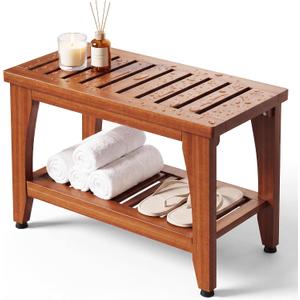 24" Premium Solid Teak Shower Bench with Storage Shelf - 400 lbs Capacity, Waterproof & Non-Slip Seat for Bathroom, Poolside, Spa