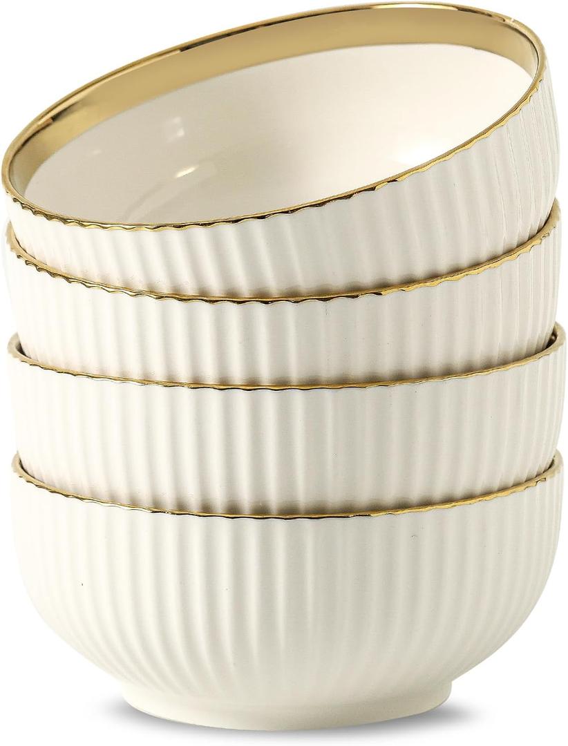 LETAOTAO Cereal Bowl Set of 4, Ceramic Cereal Bowls for Kitchen, 6 Inch Deep Soup Bowls Set, White Bowl Set with Gold Trim, Serving Bowls Set for Salad, Pasta, Oatmeal,Fruits, Decorative Bowls(28oz)