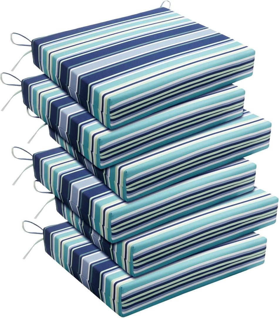 Basic Beyond Outdoor Chair Cushions Set of 6, Square Corner Outdoor Cushions for Patio Furniture, Water Resistant Patio Chair Cushions with 2 Ties, 18.5x16x3, Pinstriped Blue