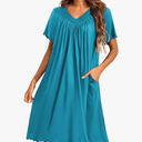 Ekouaer Women's House Dress with Pockets Moo Moo Nightgown V Neck Sleepwear Pleated Floral Print Mumu Dress M
