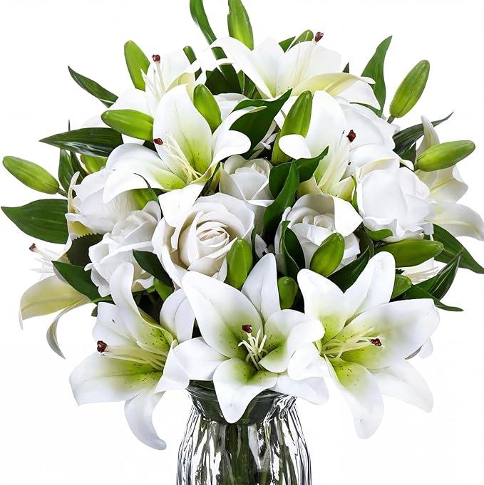 Hotop 20 Pcs Artificial Flowers Spring Velvet Realistic Roses and Latex Lilies Flowers Bouquet Decorations Arrangements for Home Table Centerpieces Wedding Decor(White)