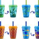 Ello 12oz Kids Plastic Reusable Color Changing Cups with Twist on Splash-Proof Lids and Straw, BPA Free, Dishwasher Safe (Rainforest, Pack of 4)