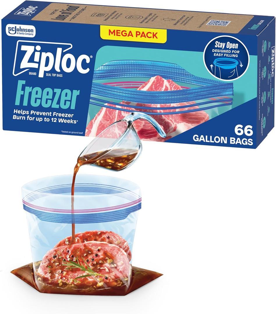 Ziploc Gallon Food Storage Freezer Bags, Stay Open Design, Easy to Fill, 66 Count