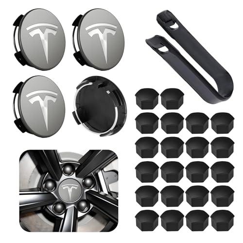 Car Wheel Center Hub Cap Kit with Logo, Hubcaps Accessories for TES la Model 3 Model Y 4  14 Black Lug Nut Covers Black