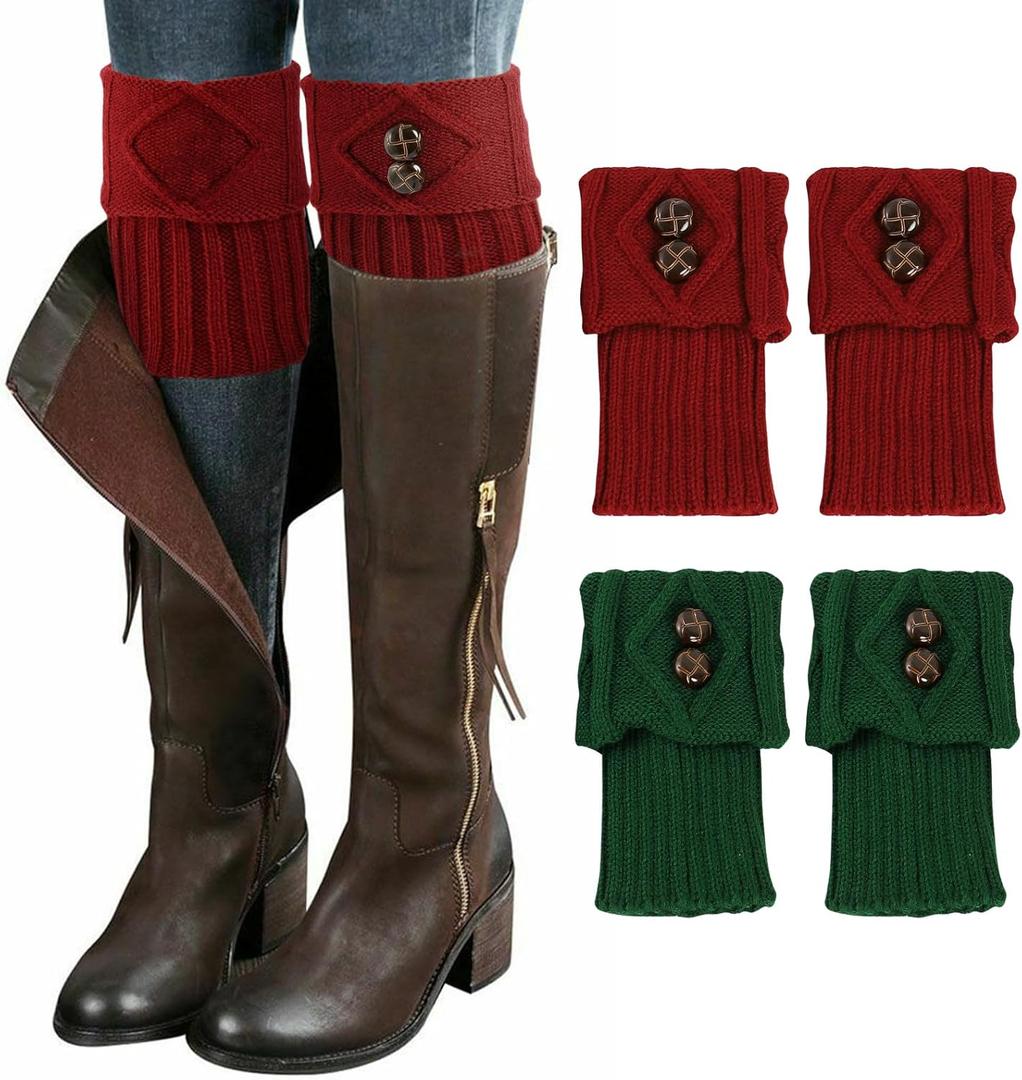 Junely Boot Socks for Women Winter Warm Cable Knit Boot Cuffs Short Leg Warmers Boot Toppers Gifts Red Green (Red)