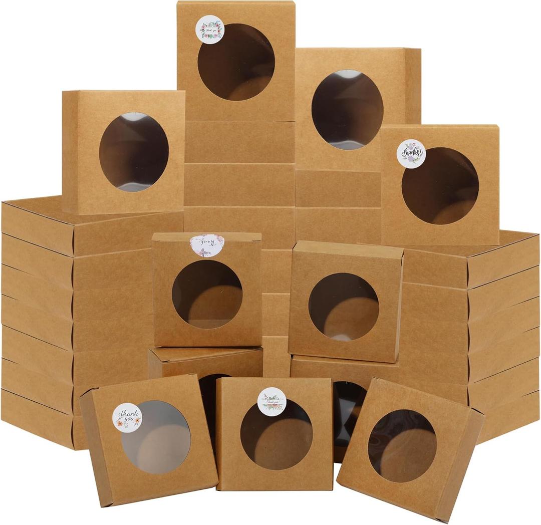 Liobelon 30 Pack Kraft Paper Soap Boxes with Clear Windows, 3.1x3.1x1.2 Inch Empty Gift Boxes for Homemade Soap, Candles, Party Favors, Eco-Friendly Gift Packaging (Brown)