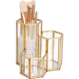 K COOL Decorative Makeup Brush Holder Pen Pencil Holder for Desk Organizer Gold Glass Cosmetic Display Cases Pot for Women Girls (3 slot,hexagon,gold)